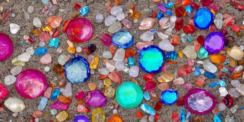 Prompt: Round, transparent and colorful crystals on the beach by the sea, professional photography