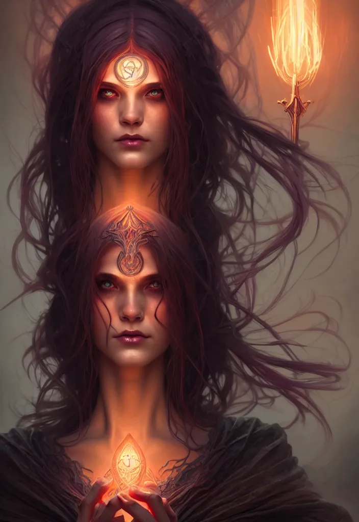 Image similar to Necromancer Sorceress face in center, fantasy magic, undercut hairstyle, dark light night, intricate, elegant, sharp focus, illustration, highly detailed, digital painting, concept art, matte, art by WLOP and Artgerm and Greg Rutkowski and Alphonse Mucha, masterpiece