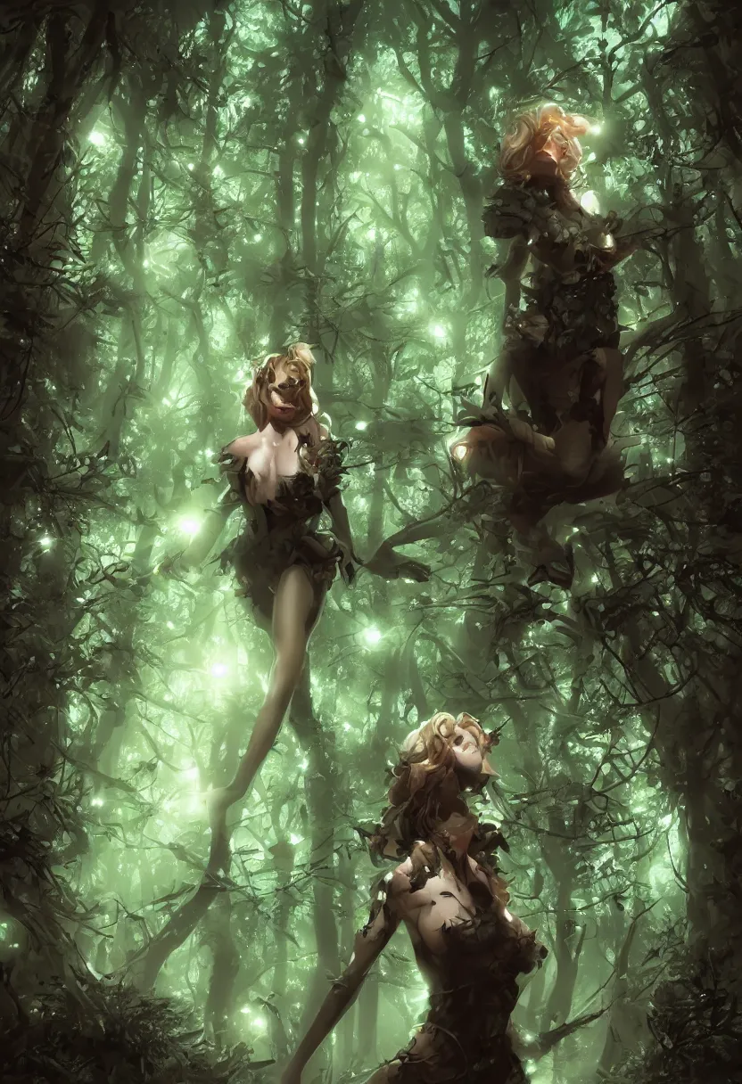 Image similar to beautiful attractive woman made of reflective chrome in the middle of a dark forest, hq artwork, coherent, insane detail, concept art, character concept, cinematic lighting, global illumination radiating a glowing aura