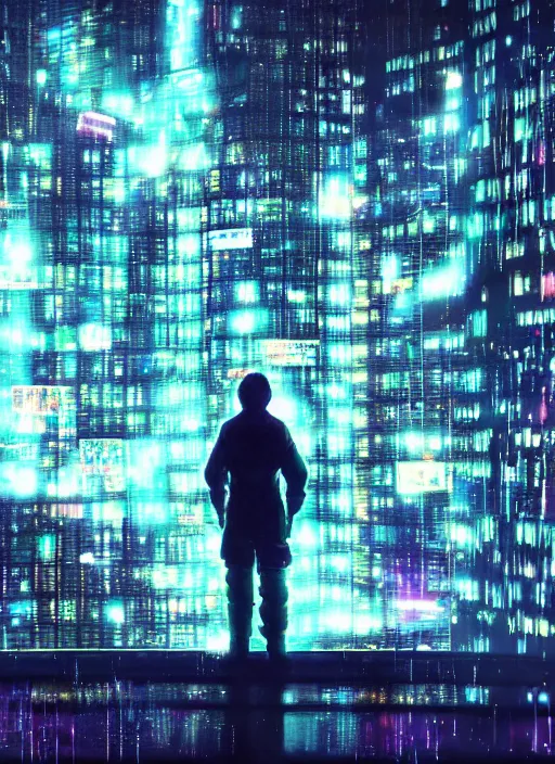 Image similar to lonely cyber person made of cosmic nebula galaxy energy watching a rainy stormy colorful complex cyberpunk futuristic city from behind at night through a window in a room full of wires and screens, 8 k, hyper photorealistic, wet, highly detailed, cinematic mood by ridley scott, ghost in the shell, rendered in octane, trending on artstation, glowing lights, gloomy, epic composition