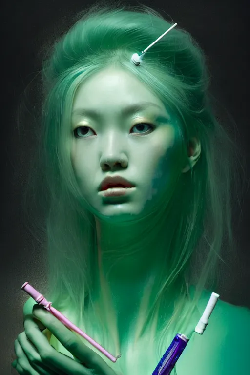 Image similar to hyperrealistic photography of a gorgeous girl inside a syringe containing luminescent green liquid in the style of jin kagetsu, james jean, chris cunninham, hans bellmer and wlop, highly detailed, face symmetry, masterpiece, award - winning, sharp focus, intricate concept art, ambient lighting, 8 k, artstation