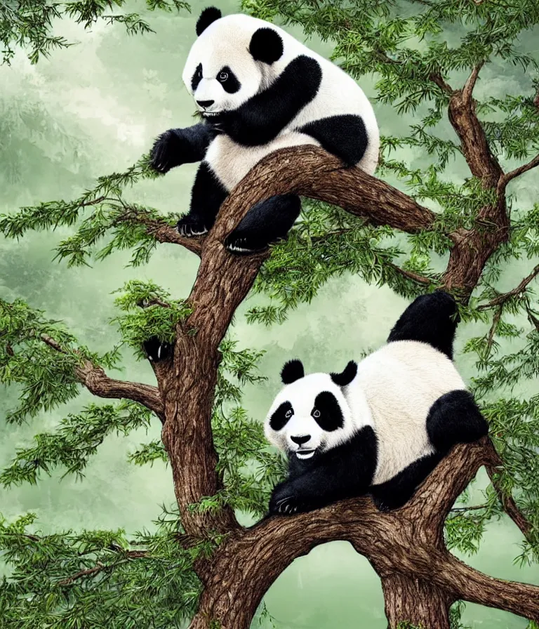 Prompt: Panda sitting on top of a trimmed tree enjoying a view of a forest. Storybook illustration,