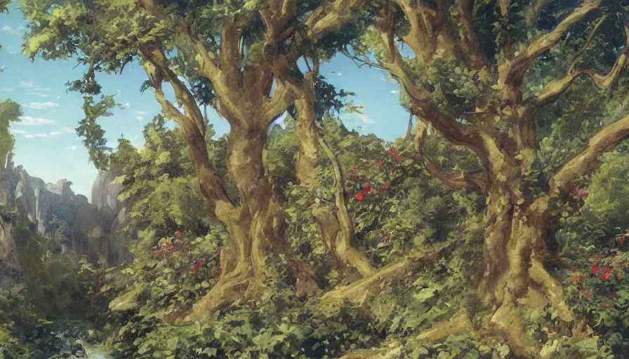 Prompt: disney illustrated background by, ghibli, eugene von guerard, ivan shishkin, john singer sargent