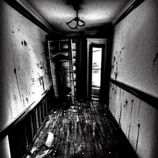 Prompt: You're in your house, when you hear a noise from upstairs. You start to investigate, when you see furniture overturned and a dark figure walking towards you, Creepy, Spooky, Haunted, Realistic, HDR, Real Event