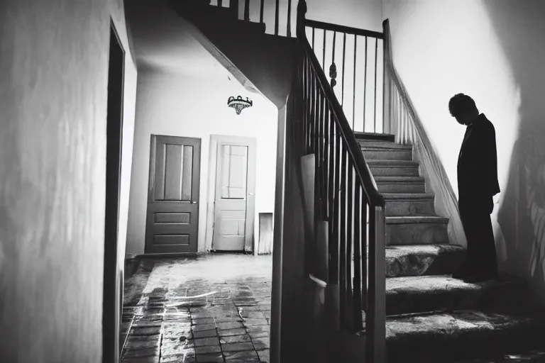 Prompt: the ghost of a man standing at the bottom of stairs in a house at night