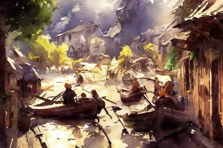 Prompt: paint brush strokes, abstract watercolor painting of rustic village at midday, middle age, ambient lighting, art by hans dahl, by jesper ejsing, art by anders zorn, wonderful masterpiece by greg rutkowski, cinematic light, american romanticism by greg manchess, creation by tyler edlin