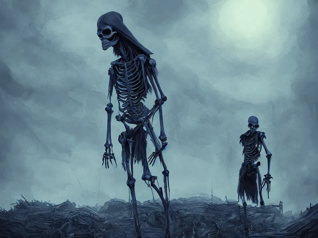 Image similar to beautiful digital art of a tall skeleton wearing a dark cloak standing menacingly on a rooftop. thin blue lines can be seen coming out from his chest. night time. heavily forested dark lighting. immensely detailed. featured on artstation. by lixin yin, mingchen shen