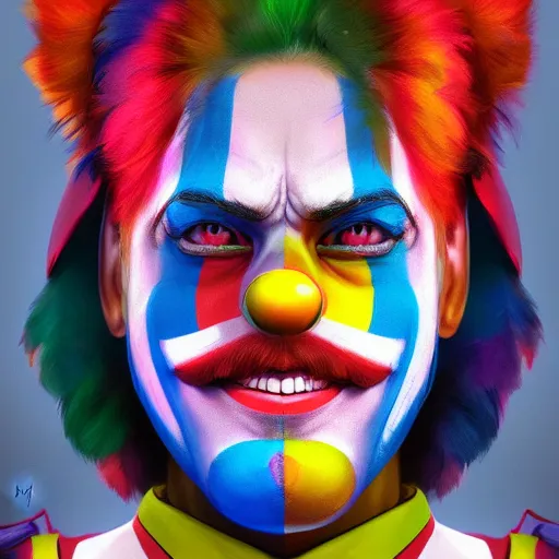 Image similar to Portrait of a colorful happy joyful clown, artstation, cgsociety, masterpiece