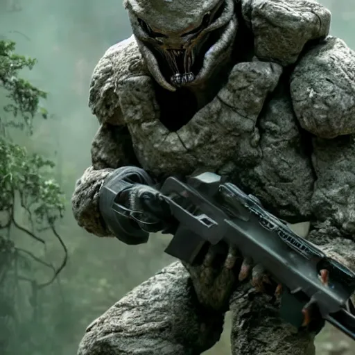 Image similar to cinematic, 4 k, full body portrait, rock golem as a soldier smoking a cigarette, still from the movie predator