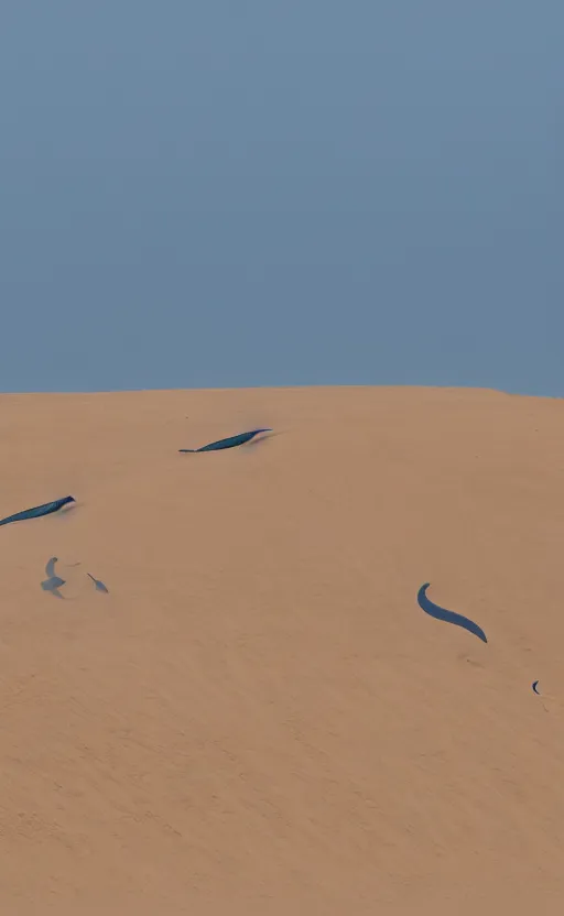 Prompt: blue whales jumping in sand dunes, photography