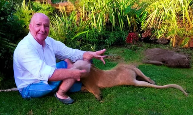 Image similar to My dad Steven Care just took a hit from the bongo and have good time being gracefully relaxed in the garden, sunset lighting