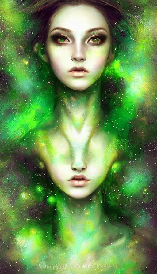 Prompt: unique portrait of magical green ork female , dark fantasy, gradient green black, dreamy and ethereal, (colour) eyes, one head, golden ratio, peaceful expression, ornate frilly dress, fantasy, intricate, elegant, rainbow bubbles, highly detailed, digital painting, artstation, concept art, smooth,b sharp focus, illustration, art by artgerm and greg rutkowski and alphonse mucha