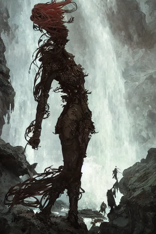 Image similar to a full body portrait of a beautiful post apocalyptic offworld nordic necromancer dancing by the waterfalls, intricate, elegant, highly detailed, digital painting, artstation, concept art, smooth, sharp focus, illustration, art by krenz cushart and artem demura and alphonse mucha