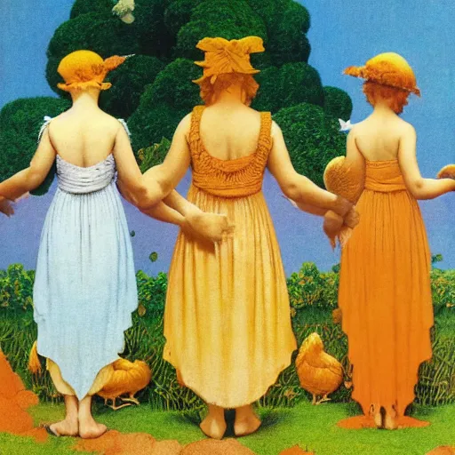Prompt: seven chickens in dresses, maxfield Parrish