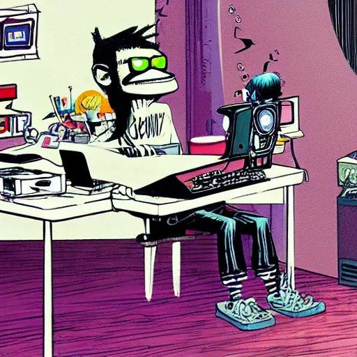 Image similar to goth nerd sitting at a computer in a cluttered room, by jamie hewlett, jamie hewlett art, gorillaz art aesthetic,