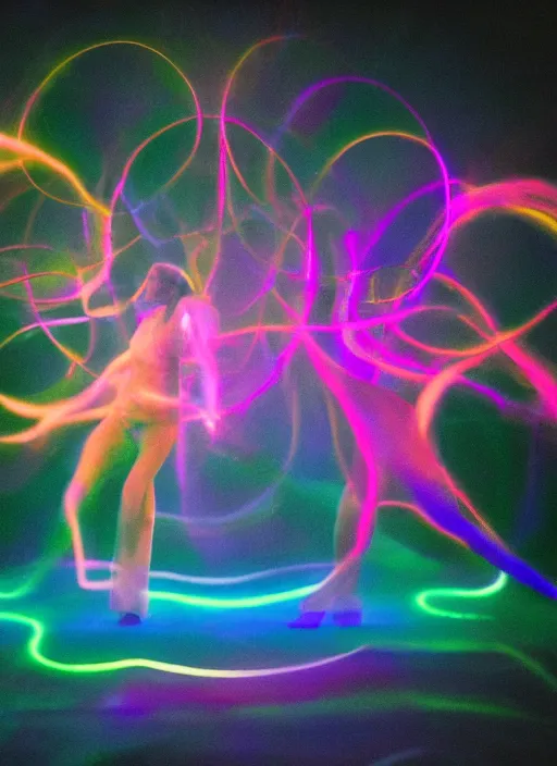 Image similar to symmetrical females ascending astral projection, liquid glowing auras, motion blur, long exposure, film grain, cinematic lighting, experimental film, shot on 1 6 mm