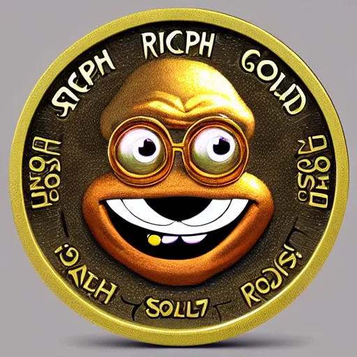 Image similar to super rich happy pepe, coins, gold, crystals, greg rutkowski