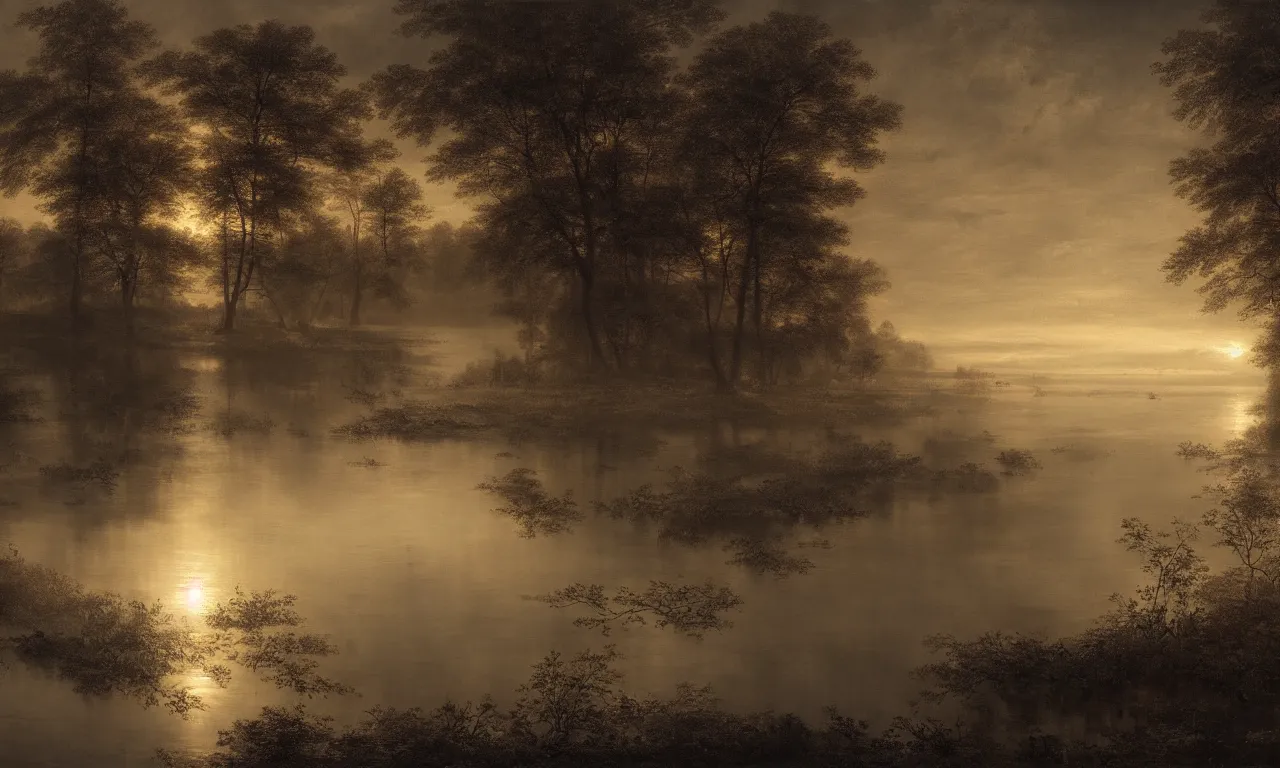 Image similar to a dark pond during golden hour. andreas achenbach, mikko lagerstedt, zack snyder, tokujin yoshioka