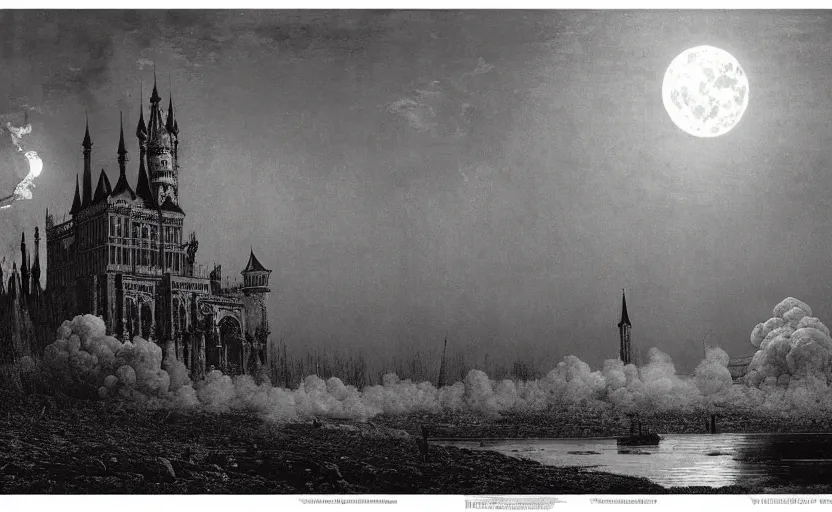 Prompt: a picture in high contrast by vasily vereshchagin of burning!!! gothic! castle in smoke on a hill, full moon in clouds, visual art, 8 k resolution, 3 d modelling, hard lighting