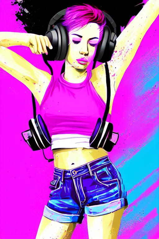 Image similar to a award winning half body portrait of a beautiful woman in a croptop and cargo pants with ombre purple pink teal hairstyle with head in motion and hair flying listenin to music on headphones by wlop, paint splatter, outrun, vaporware, shaded flat illustration, digital art, trending on artstation, highly detailed, fine detail, intricate