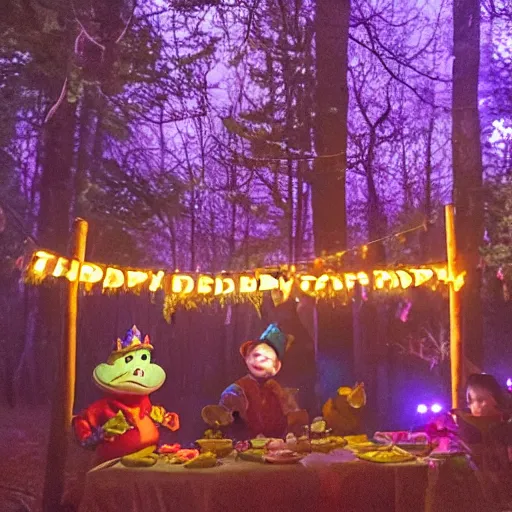 Image similar to photo of toad birthday party in the woods at night