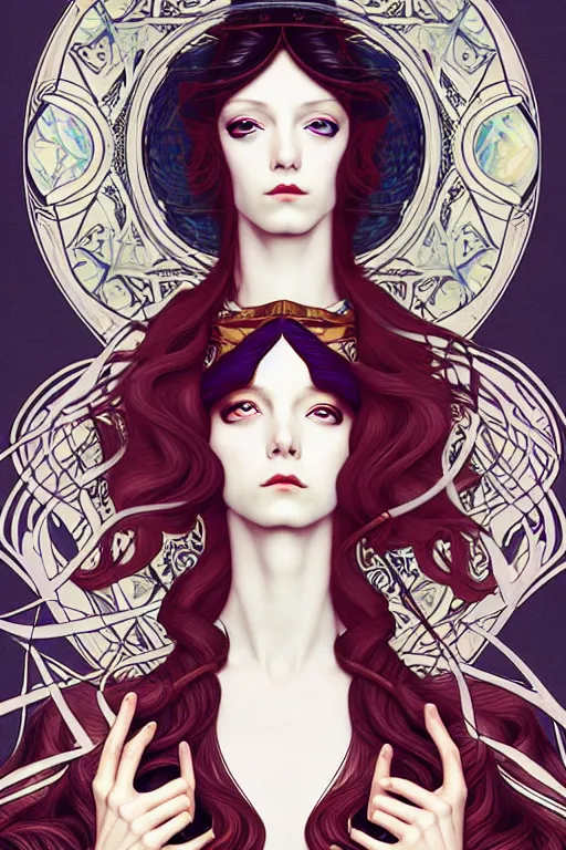 Image similar to a triad of winter muses, style blending æon flux, shepard fairey, botticelli, ivan bilibin, and john singer sargent, inspired by pre - raphaelites, shoujo manga, and harajuku fashion, stark landscape, muted dark colors, superfine inklines, ethereal, otherworldly, 4 k photorealistic, arnold render