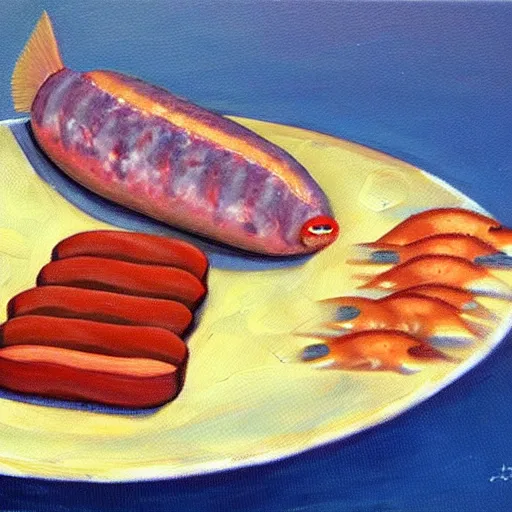 Image similar to oil on canvas, half fish half sausage on a plate. sausage with the fins of a fish