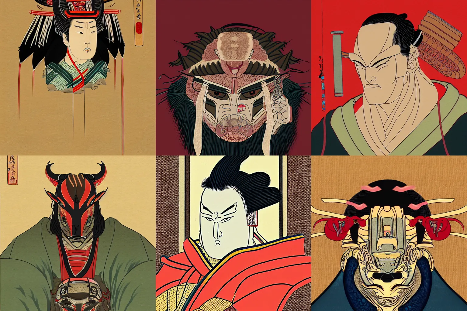 Prompt: digital portrait painting of The Predator in ancient Japan, ukiyo-e style, trending on Artstation