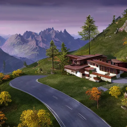 Image similar to alpine landscape with windy road and modern houses designed by frank lloyd wright scattered on the mountainsides, photo realism, dramatic lighting, from a dream, high quality digital art, unreal engine