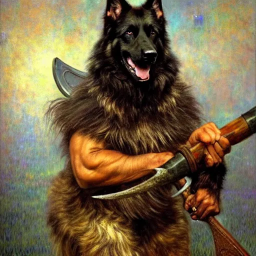 Image similar to a portrait of a black german shepard dogman canine viking with human eyes smiling holding an axe. fantasy highly detailed painting by gaston bussiere craig mullins jc leyendecker gustav klimt artgerm greg rutkowski