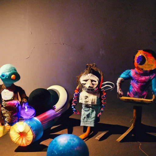 Prompt: Liminal space in outer space, Indiecraft aesthetic, puppets, handcrafted