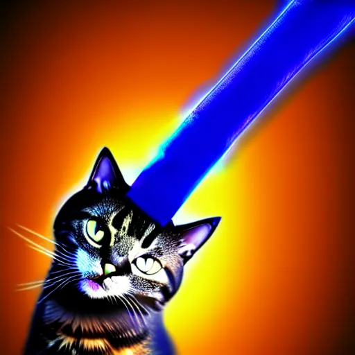 Prompt: Cat holding a glowing blue sword , digital art , 4k