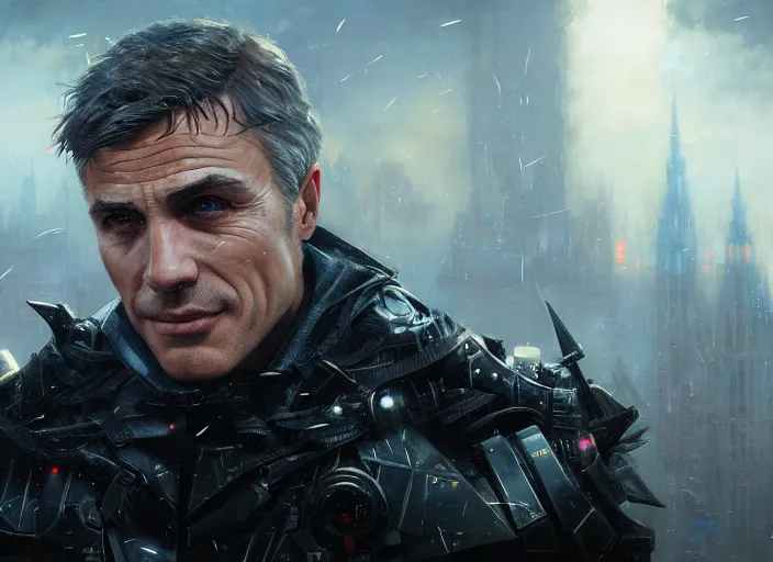 Image similar to highly detailed portrait of christoph waltz as bruce wayne, in batman : arkham knight, stephen bliss, unreal engine, fantasy art by greg rutkowski, loish, rhads, ferdinand knab, makoto shinkai and lois van baarle, ilya kuvshinov, rossdraws, tom bagshaw, global illumination, radiant light, detailed and intricate environment