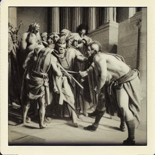 Image similar to a polaroid photograph of Roman Senators stabbing Julius Caesar in the back
