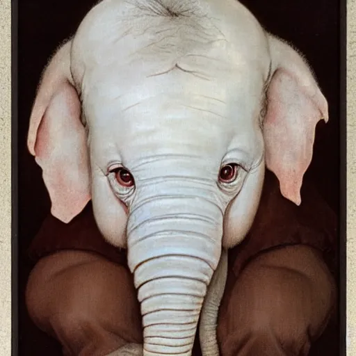 Prompt: an albino baby elephant portrait by Norman Rockwell, ultra realistic picture, looking at the camera, highly detailed, 8k, masterpiece, trending on cgsociety