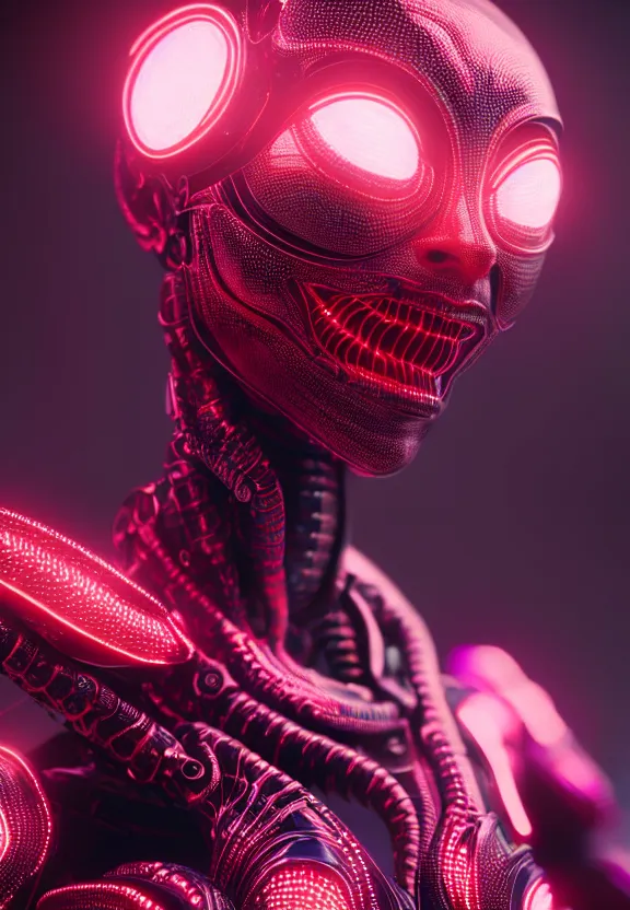 Image similar to ultra realist intricate detailed painting of a single attractive alien female, neon scales and cyborg tech, hyperrealistic, soft lighting, octane render