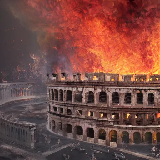 Prompt: Painting of the great fire of rome,abstract. realism, 8k, detailed, terror, octane render