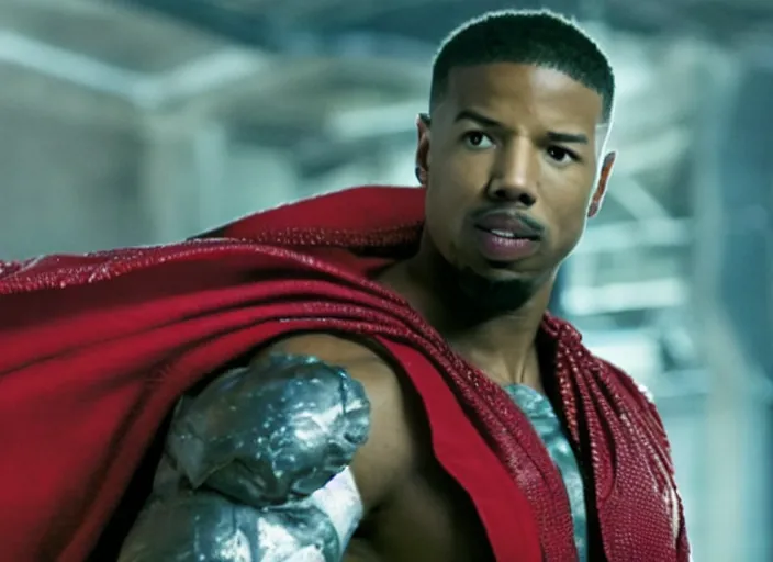 Image similar to film still of michael b jordan as spawn in the new spawn movie, giant chains, large cape, 8 k