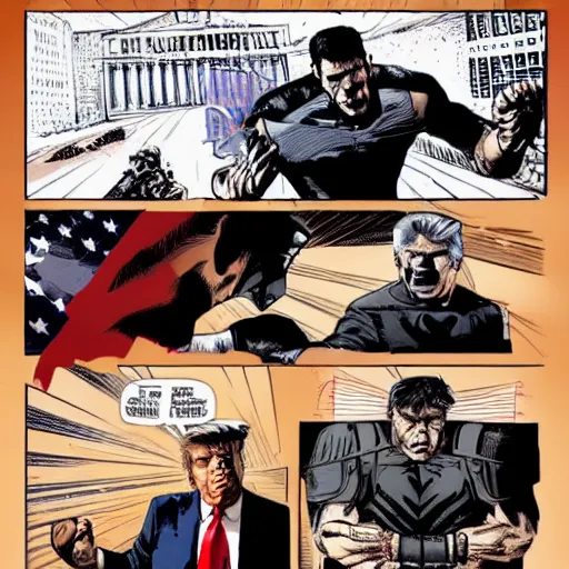 Prompt: The punisher fighting Donald trump. Epic fight scene by Belén Ortega.