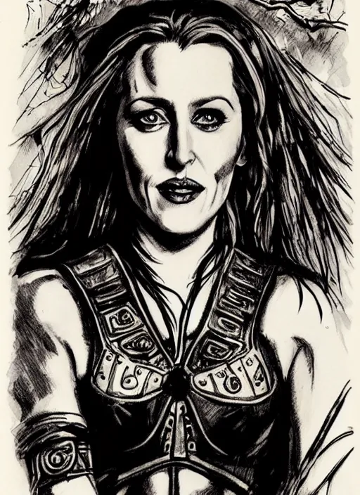 Prompt: beautiful portrait commission of a beautiful Gillian Anderson as Xena the warrior princess in a vintage gothic style. character design by ralph steadman, detailed, inked, western comic book art