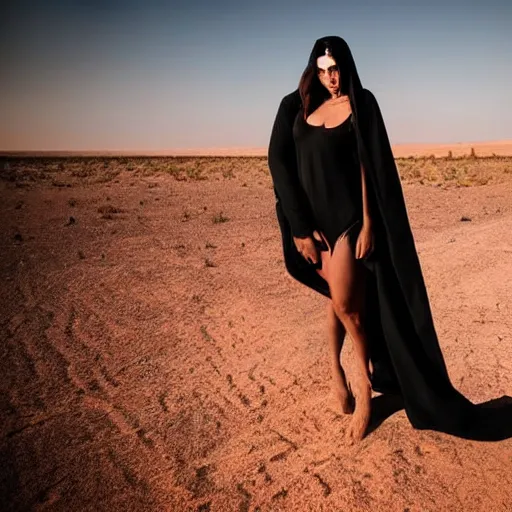 Prompt: beautiful demon woman wearing only a black blanket in a desert