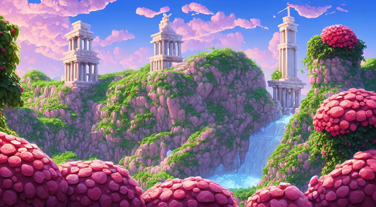Image similar to little wood bridge painting of atlantis zeus statue and hill valley grec temple of olympus glory tower ivy plant grow flower multicolor rose, in marble incrusted of legends heartstone official fanart behance hd by jesper ejsing, by rhads, makoto shinkai and lois van baarle, ilya kuvshinov, rossdraws global illumination