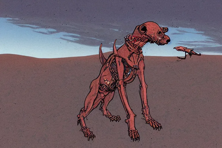 Prompt: monstrous xoloitzcuintli dog in the atacama desert at dusk, hungry and drooling, cracking bones, futuristic comic book by moebius