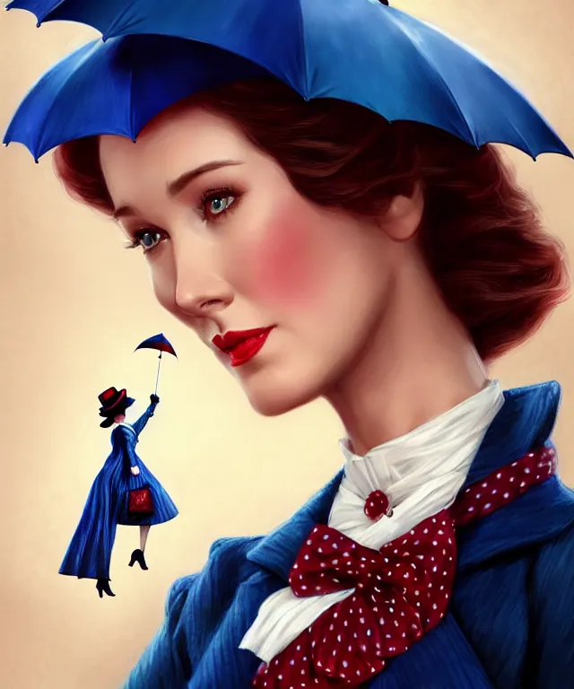 Prompt: mary poppins with her umbrella by charlie bowater and artgerm, full body portrait, intricate, face, london, elegant, beautiful, highly detailed, dramatic lighting, sharp focus, trending on artstation, artstationhd, artstationhq, unreal engine, 4 k, 8 k