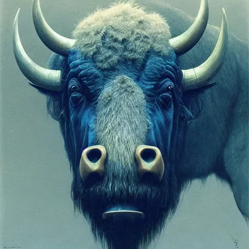 Image similar to Angry Humanoid Bison portrait, dark fantasy, blue, artstation painted by Zdzisław Beksiński and Wayne Barlowe