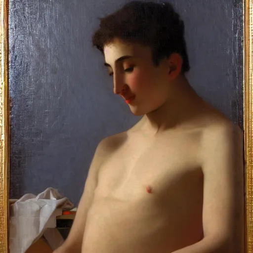 Image similar to painting of a man ironing his collar shirt placed on a bed. smiling. happy. cheerful. art by william adolphe bouguereau. extremely detailed. beautiful. 8 k. award winning.