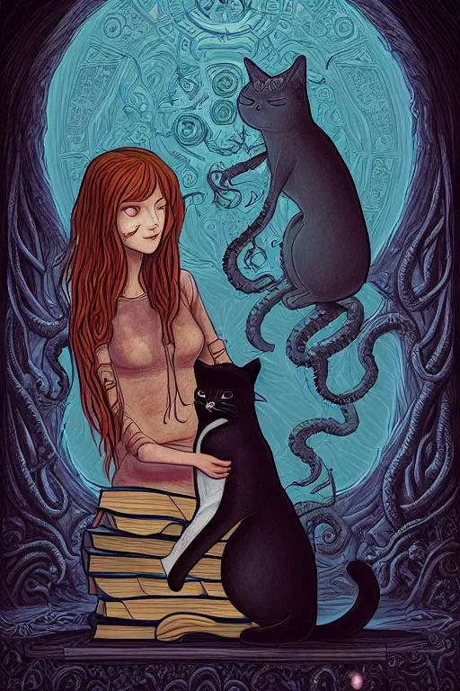 Image similar to ai illustration of romantic girl, her cat and her book of necronomicon, symmetrical, cinematic, sharp focus, 4 k, ultra hd, sense of awe, sinister demonic atmosphere, dreadful, forbidden knowledge, old gods, cthulhu, yog - sothoth! yah, yah, yah! cultist journal cover