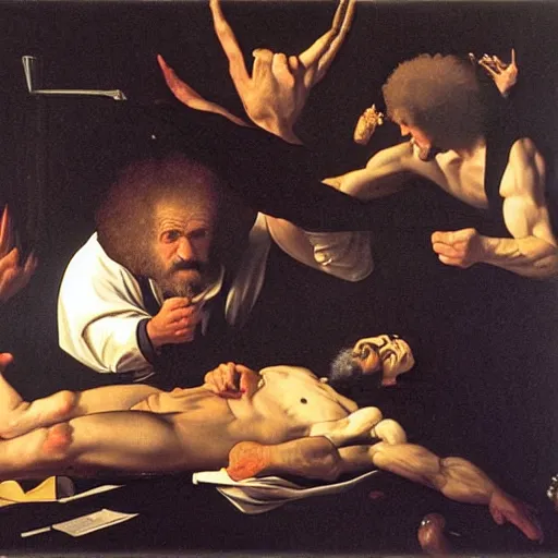 Image similar to the death of bob ross, by caravaggio,