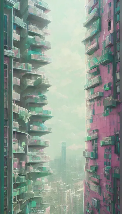 Prompt: a beautiful highly detailed matte painting of a tokyo highrise building with windows, vibrant pastel styling by atey ghailan, cliff chiang, loish and goro fujita, white, white cyan, pink and light green pastel mystical tones and graffiti tags, featured on artstation, featured on behance, vray render, green vines wrap around buildings