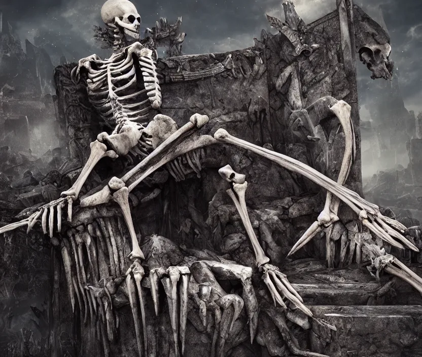 Image similar to a singular skeleton king sitting on a dark throne on the top of a mount of bones, digital art, trending on DeviantArt, highly detailed, high quality, 8K HDR, octane render, unreal engine 5, raytracing, cinematic lighting, concept art, dramatic environment